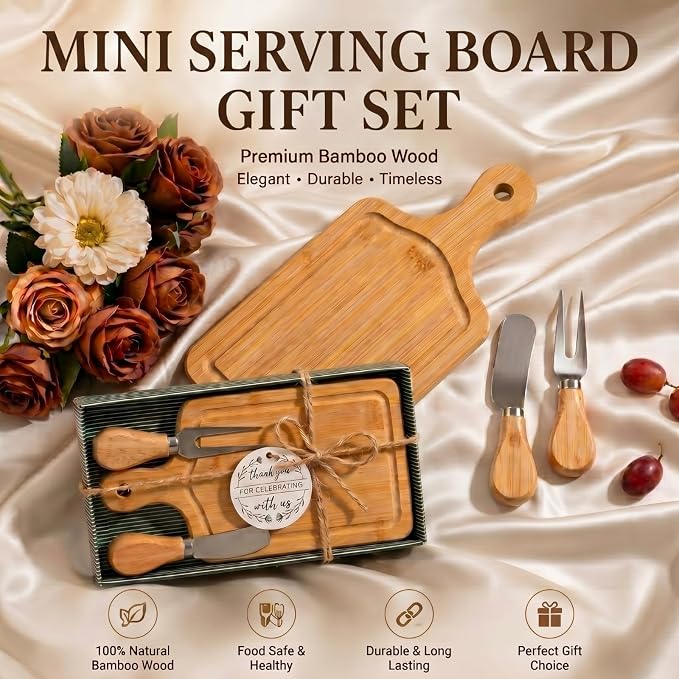 1 Set Bridal Shower Favor Prizes Charcuterie Board,Bamboo Color | Bamboo Cheese Board with Knife Fork Thank You Tag, Gift Box for Guests, Valentines Wedding Baby Shower Party Favors