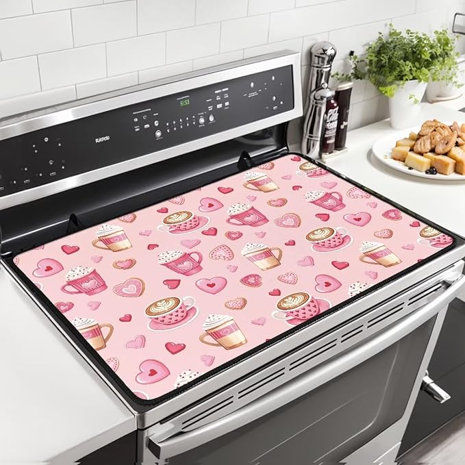 Valentine's Coffee Stovetop Covers for Electric Stove Heart Resistant Oven Mat Anti-scald Kitchen Countertop Cover Non-Slip Kitchen Counter Protector Pad 30"x21" Valentine's Decor