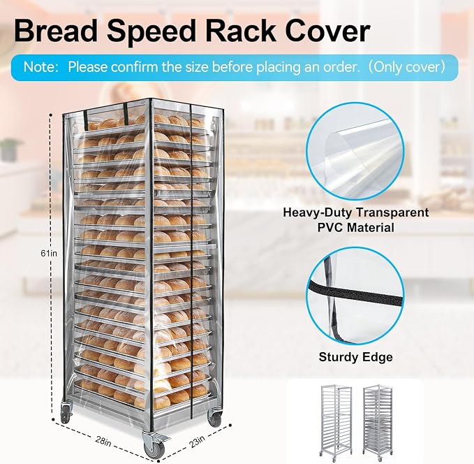 Bun Pan Sheet Rack Cover,Bread Speed Rack Cover with Zipper,Commercial Bakery Racks, 23"x28"x61"Clear PVC Waterproof Dustproof Bread rack Cover with Breathable Mesh Vent (20-Tier TPU)
