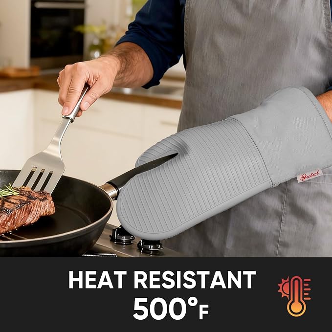 YUTAT Silicone Oven Mitts,High Heat Resistant Up to 500 Degrees,Waterproof Cooking Gloves with Soft Polyester Filling,Kitchen Potholder Set - Perfect for BBQ,Baking and Cooking,Grey,2 Pcs Set