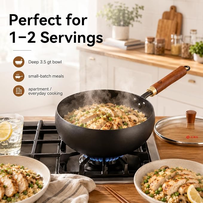 WANGYUANJI 9.5-Inch Carbon Steel Wok with Lid, Flat Bottom Stir Fry Pan | Deep 3.5 QT bowl for 1–2 servings; smooth carbon steel surface; flat base for induction, gas, electric and ceramic cooktops