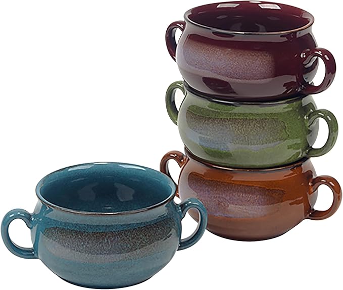 Stoneware 24oz Reactive Glaze Soup Crocks Set of 4: Perfect for soups, stews, and casseroles. Unique reactive glaze, oven-safe, microwave- and dishwasher-friendly with easy-grip handles for serving.