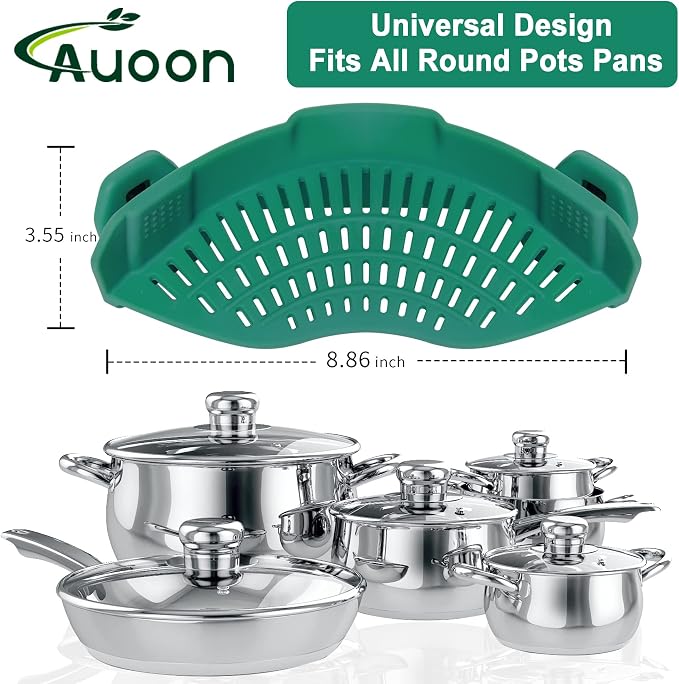 AUOON Clip On Strainer Silicone for Pots, Standard 8.86 x 3.55in, Sea Blue | Food-grade BPA-free, Fits Pots Pans Bowls, Dishwasher Safe, for Pasta Noodles Vegetable Fruits, Space-saving Kitchen Gadget