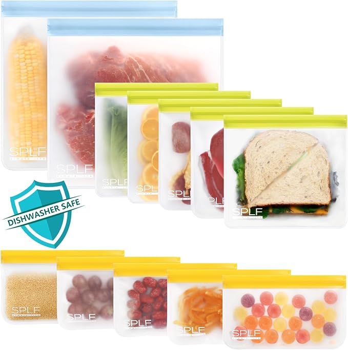 SPLF 12 Pack Dishwasher Safe Reusable Freezer Bags, Multicolor | Leakproof BPA Free Food Storage Bags for Lunch, Meal Prep, Marinate, Veggies, Travel - 2 Gallon 5 Sandwich 5 Snack