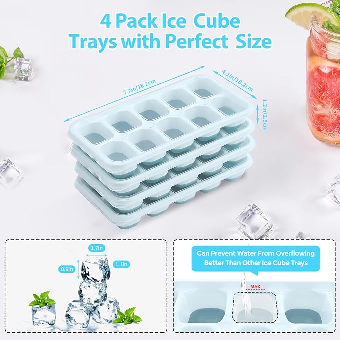 DOQAUS Ice Cube Tray with Lids, 4 Pack Silicone Ice Trays for Freezer | Silicone BPA & LFGB Safe, Easy Release for Kitchen, RV, Cocktail, Coffee, Soup & Food
