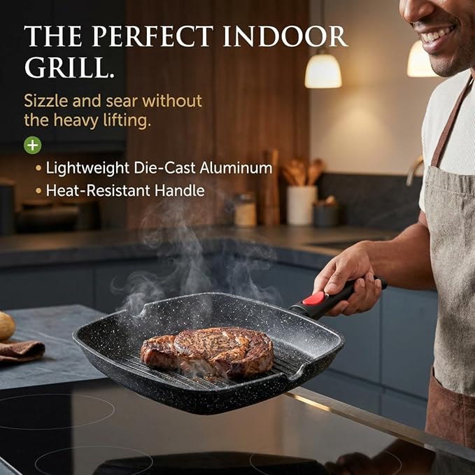 Moss & Stone Grill Pan for Indoor Cooking 11Inch Nonstick Square Grill Pan | RV Induction Griddle Pan with Removable Handle for Gas, Electric & Ceramic Stovetops, Oven Safe Skillet with Pour Spouts
