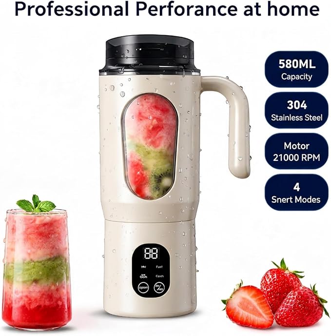 Lilogi 580ML Portable Blender with LED Display, 12-Blade USB-C Rechargeable Travel Blender with Handle & Extra Lid, Ideal for Kitchen, Office, Gym & Outdoor Sports