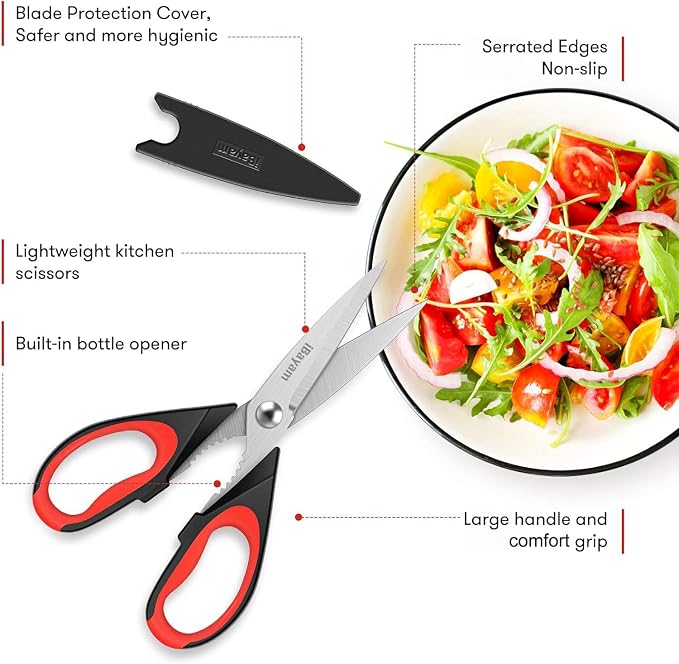 iBayam 3-Pack 8.7" Kitchen Scissors All Purpose Heavy Duty Shears w/Sheath | Soft Comfort Grip, Dishwasher Safe, Stainless Micro-Serrated Edge Blades, Cooking Poultry Herbs Meat Kitchen Utensils Gadgets