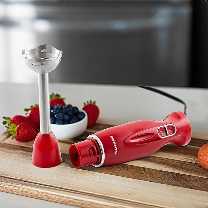 OVENTE Electric Corded Hand Blender, 300W with 2 Mixing Speeds Red HS560R | Handheld Immersion Stick Mixer with Stainless Steel Blades for Smoothies, Purees & Baby Food