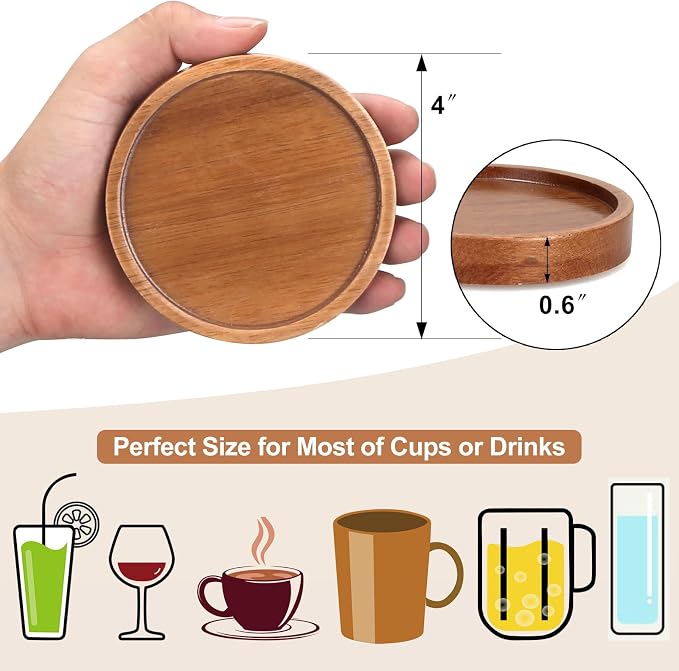 Acacia Wood Coasters Set of 8 Bar Accessories Table Decor Wooden Coaster | Rustic Vintage Drink Coaster with Holder Kitchen Decoration Cool Home Outdoor Cup Coster porta vasos Table Centerpieces