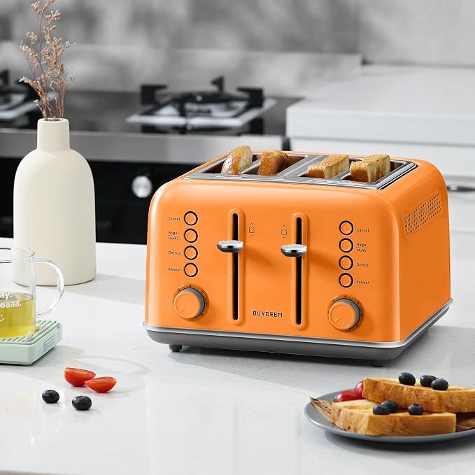 BUYDEEM DT640 4-Slice Toaster, 7 Shade Settings, Extra Wide 1.5’’ Slots for Bagel & English Muffin, 6 Toasting Functions, Retro Stainless Steel Toaster with High Lift Lever, 1800W, Orange