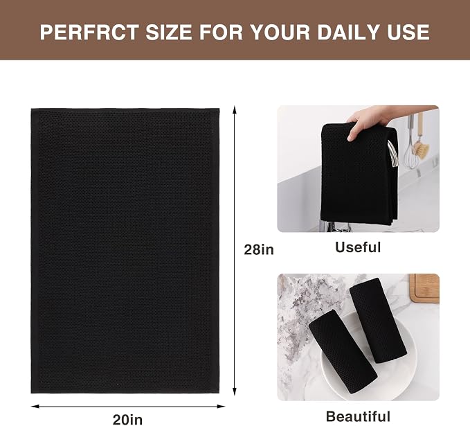 Homaxy 100% Cotton Oversized Waffle Weave Kitchen Towels 12-Pack, Black | 20 x 28 Inches, Ultra Soft Absorbent Dish Towels, Quick Drying Large Cleaning Towels