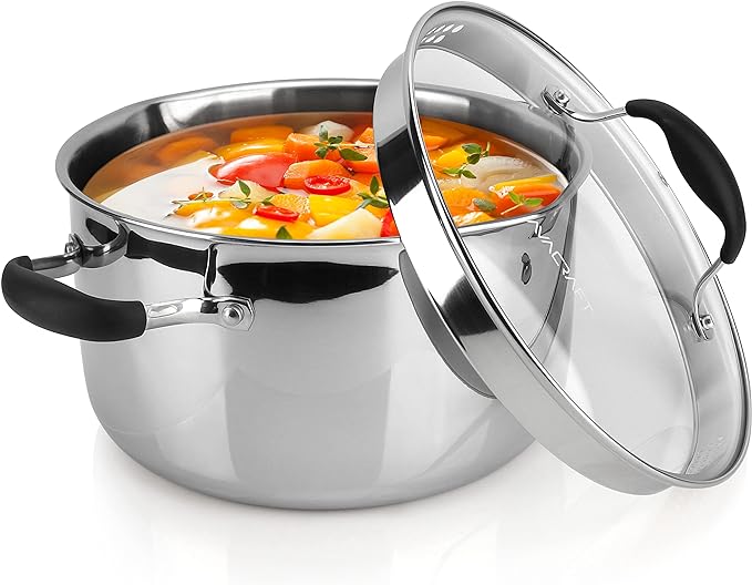 AVACRAFT 6 Quart Tri-Ply Stainless Steel Stock Pot with Glass Strainer Lid | 18/10 Stainless Steel, Full Tri-Ply Body, Dual Pour Spouts, Induction Compatible, Dishwasher Safe