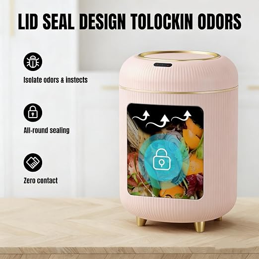 URALFA Motion Sensor Trah Can Bathroom, Automatic Pink Trash Can with Lid | 3 Gal Touchless Bathroom Garbage Can with Lid, Smart Trash Bin for Bedroom, Office, Restroom, Removable Legs, Pink and Gold