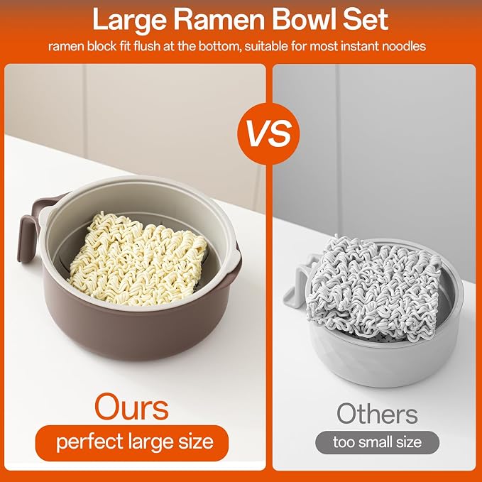MEACOLIA Large Ramen Bowl Set, Microwave Noodle Pasta Cooker with Lid and Strainer, Stainless Steel Travel Utensils, College Dorm Room Essentials for Girls Guys (Beige)