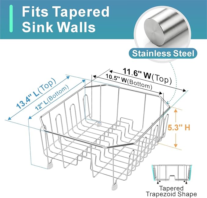 Small in Sink Dish Drying Rack - Stainless Steel for RV Kitchen | Compact Design for Apartments, Angled Corners Fit Square & Round Sinks, Utensil Holder, Cup Hooks, 1-2 Person, 11.6" x 13.4"