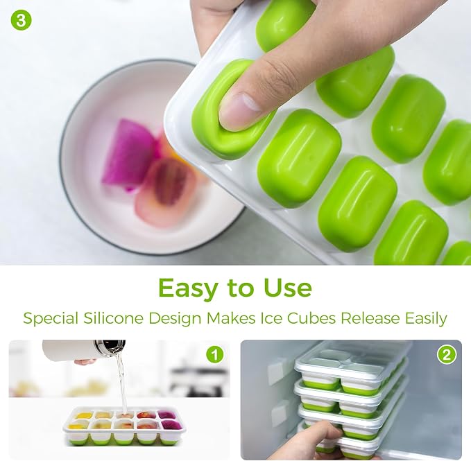 DOQAUS Ice Cube Tray with Lids, 4 Pack Silicone Ice Trays for Freezer | Stackable BPA & LFGB Safe, Easy Release for Kitchen, RV, Cocktail, Coffee, Soup & Food