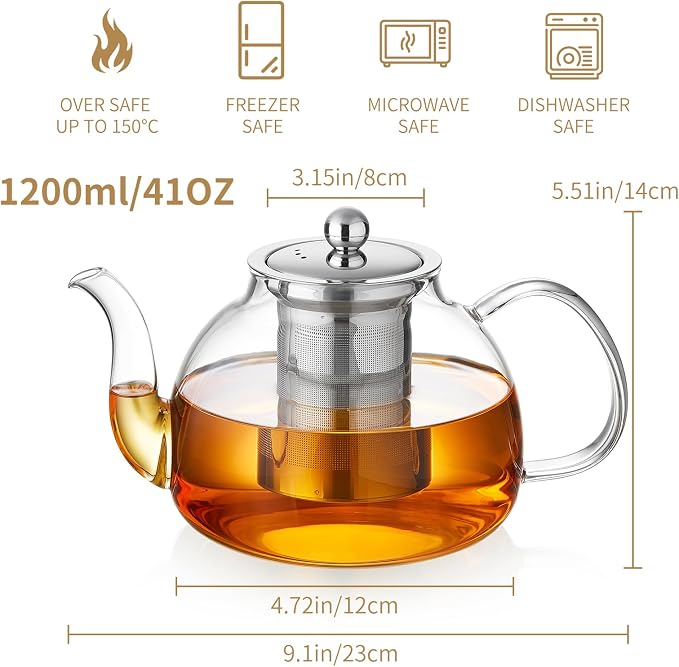 DOPUDO 41OZ (1200ML) Glass Teapot with Infuser Stovetop Safe, Clear Glass Tea Pot Kettle, Borosilicate Tea Pot with Infusers Filter for Loose Tea, Tea Kettle Dishwasher Safe