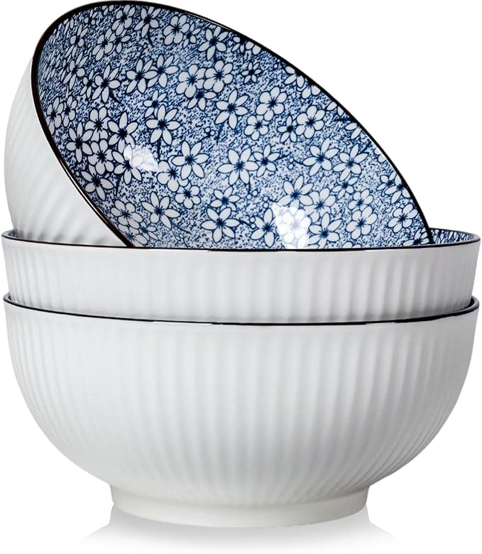 Houlu 60 oz Pho Bowls, Large Soup Bowl, Japanese Ramen Bowl Set, 8 inches Big Porcelain Bowls Set of 3, Wave Pattern