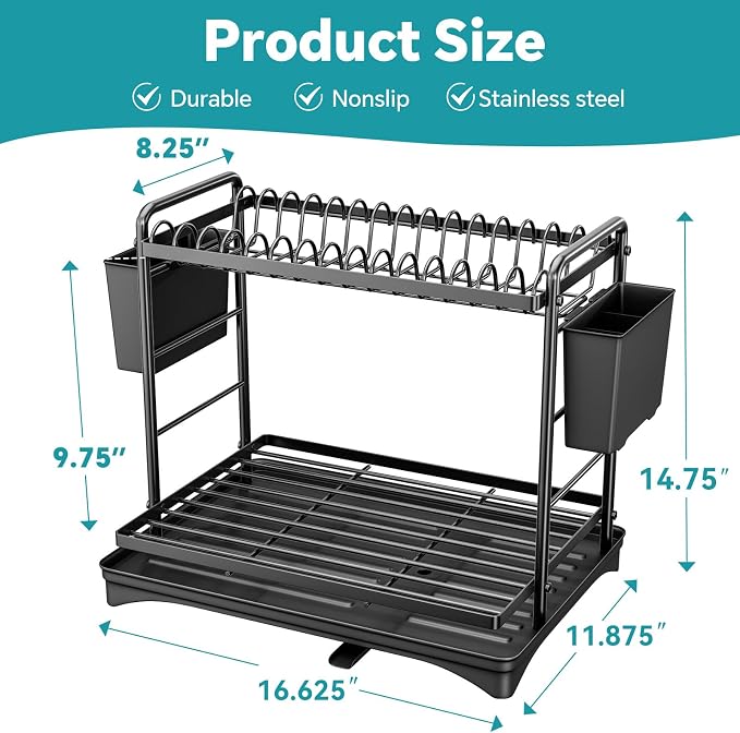 Simple Trending Dish Rack, Dish Drying Rack 2 Tier, Stainless Steel Dish Drainers with Utensil Holder and Drainboard for Kitchen Sink Organizers, 11.875" W x 16.625" D, Black