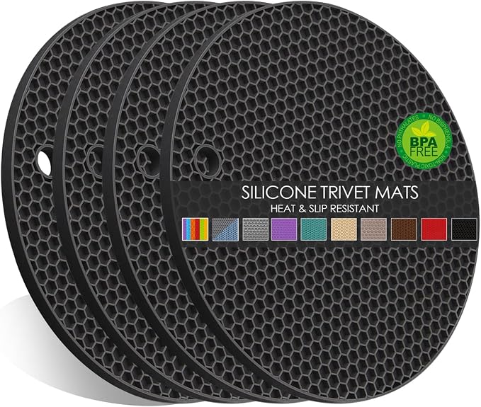 Silicone Trivets for Hot Pots and Pans, 0.31" Thick Trivet Mat for Hot Dishes Set of 4, Heat Resistant Durable Flexible Silicone Mat Pot Mat for Countertop, Easy to Wash and Dry, Dark Gray