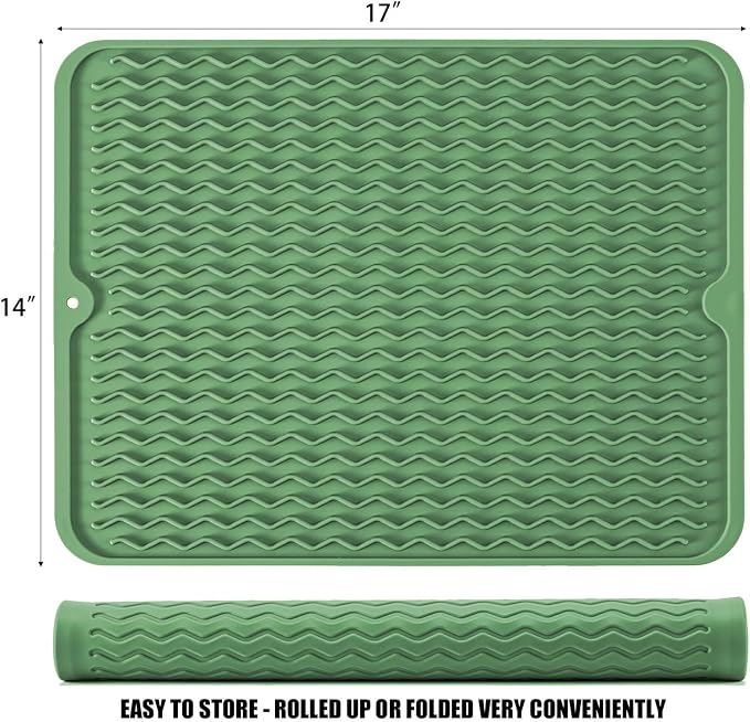 Silicone Dish Drying Mat, Non-Slip Easy Clean Sink Mat, Dark Green, 17"x14" | Quick-Dry Ridges, Large Heat-resistant Dish Drainer Mat for Kitchen Counter, Hangable & Roll-Up for Storage, Dishwasher Safe
