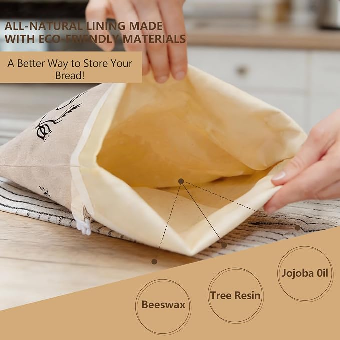 Reusable Beeswax Bread Bags for Homemade Bread & Sourdough, 2-Pack XL Airtight Food Storage Bags, Organic Cotton Linen Covers - Freezer-Friendly Freshness Preservation Keeps Fresh Longer