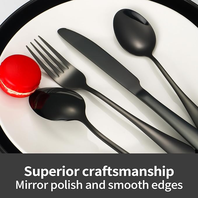 48-Piece Black Silverware Set with Steak Knives Black Stainless Steel Flatware Set for 8 Food Grade Tableware Cutlery Set Rust-proof, Mirror Polished, Dishwasher Safe