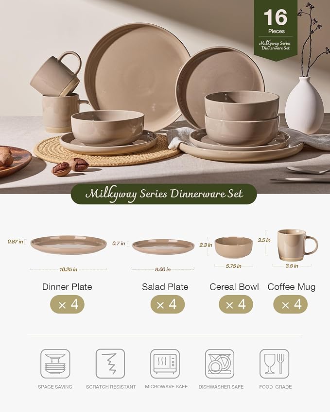 Famiware Milkyway 16-Piece Dinnerware Set with Mugs, Cinnamon Brown | Stoneware Plates and Bowls for 4, Dishes Set for Everyday/Formal Use, Microwave/Dishwasher Safe, Chip/Scratch Resistant