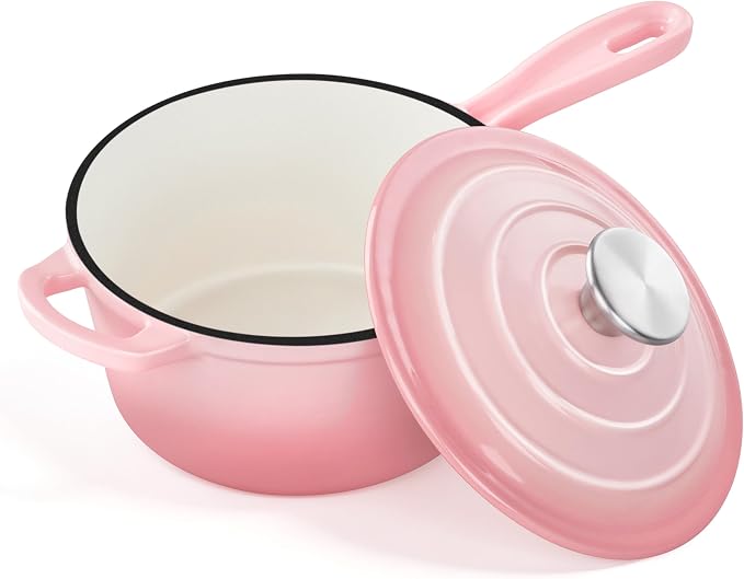 2 Quart Enameled Cast Iron Sauce Pan, Leonyo Cookware Cooking Pots, Pink | For Kitchen Induction Boiling Soup, Bread, Ramen - Up to 500°F & 6.7Lbs