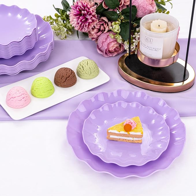 LIYH 24pcs Purple Plastic Plates Reusable, Unbreakable Dinner Plates, Scalloped Plate, Microwave & Dishwasher Safe Unbreakable Party Plate for Birthday Party (12Guests)