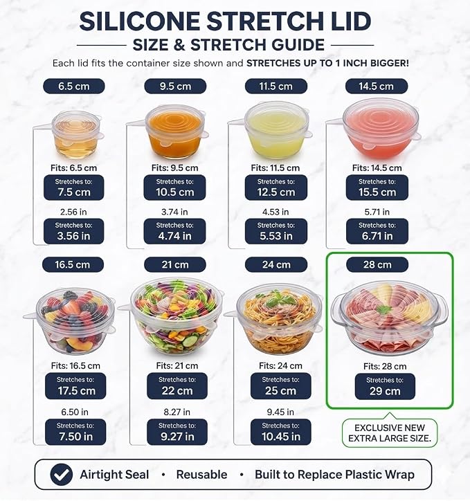 Premium 8-Piece Silicone Stretch Lid Set with Extra Large 11” Cover – Reusable BPA-Free Eco-Friendly Bowl Covers – Universal Airtight Leak-Proof Seal for Pots, Bowls & Fruit