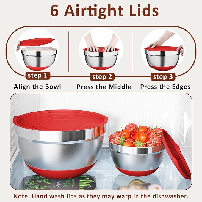9 Pack Mixing Bowls with Airtight Lids & Grater Attachments, Red | Stainless Steel Bowl, Non-slip Bases, Nesting Kitchen Bowl, Size 5, 4, 3, 2, 1.5,1QT,for Food Prep, Baking, Storage & Serving