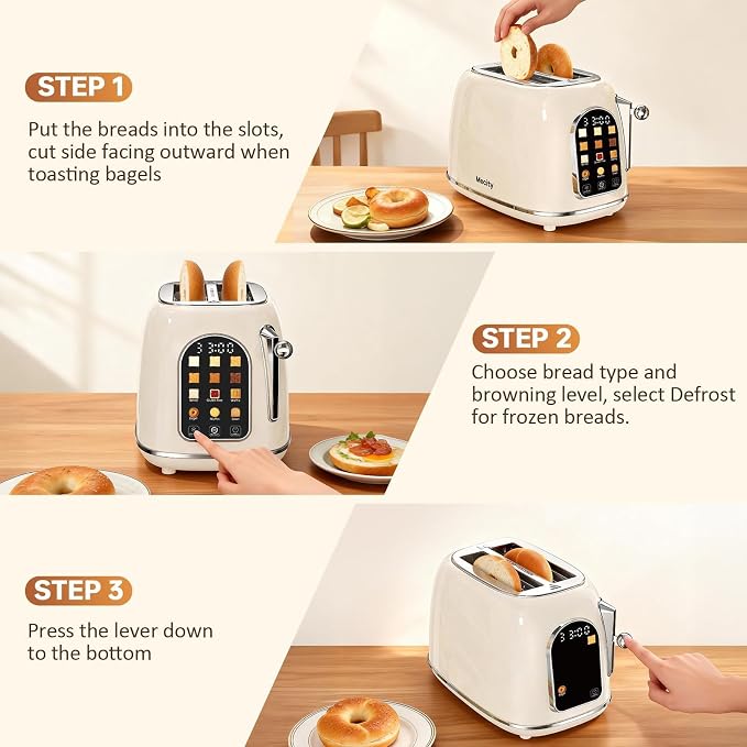 Mecity Toaster 2 Slice, Touch Screen Wide Slot Retro Toaster For Breads Bagel Muffin Waffle, House Warming Gift New Home, 120V 825W, Cream Color