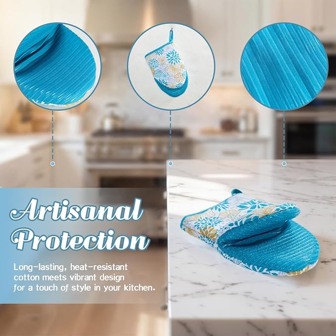 Ribbed Mini Oven Mitts 2-Pack Set, 5.5"x8.5", Teal Mandala Printed, Heavy Duty Cotton, Non-Slip Heat Resistant Soft Silicone Oven Mitts with Hanging Loop for Cooking Kitchen Decor