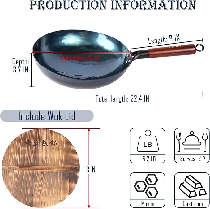 13-Inch Carbon Steel Wok, Round Bottom Traditional Chinese Wok with Wooden Handle and Wooden Lid, Uncoated Non-Stick Wok for Gas Stoves, Home Cooking, Camping, and as a Gift