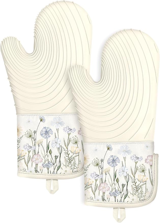 Slohif Long Silicone Oven Mitts Heat Resistant for Women - 2 Pcs Beige Wild Flowers 100% Cotton Oven Gloves, Non-Slip and Waterproof Silicone Oven Mitts with Hanger for Baking and Cooking