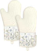 Slohif Long Silicone Oven Mitts Heat Resistant for Women - 2 Pcs Beige Wild Flowers 100% Cotton Oven Gloves, Non-Slip and Waterproof Silicone Oven Mitts with Hanger for Baking and Cooking