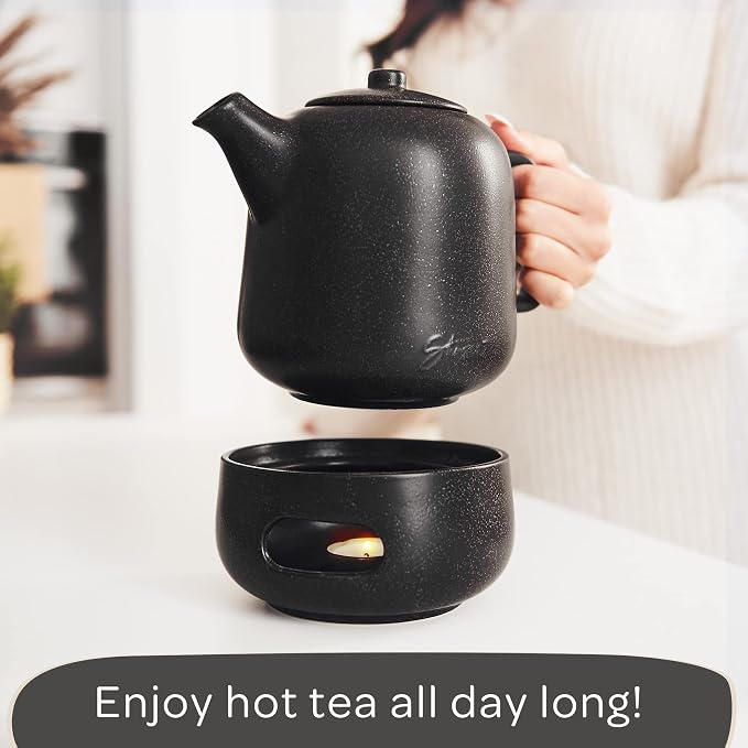 Design Tea Pot with Warmer (44 oz) - Premium Ceramic Teapot with Infuser for Loose Tea - Black Teapot Ceramic with Removable Steamer