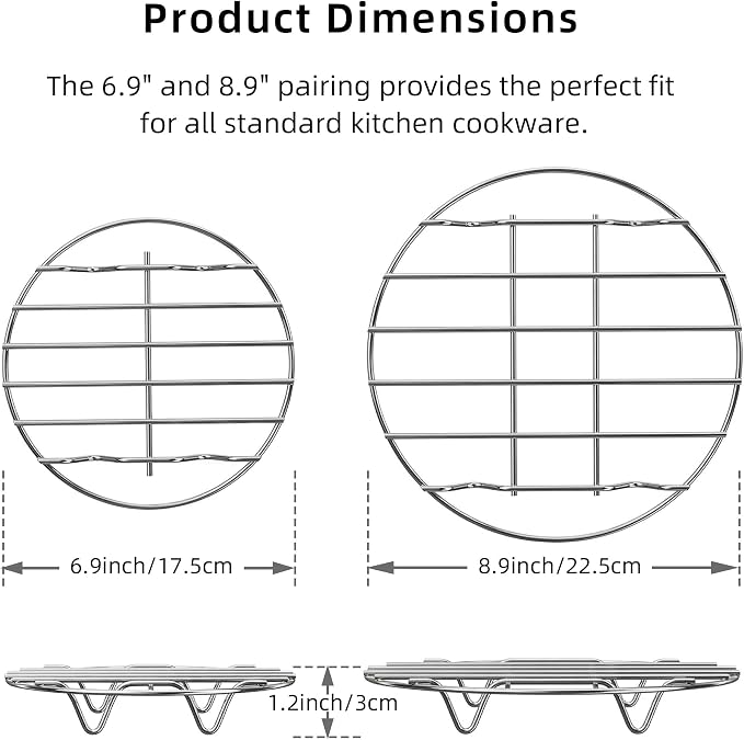 2-Pack Round Steamer Rack 6.9" 8.9" | Stainless steel, Fits 5-8Qt Cookers, 40lbs, 500°F, air fryer/pressure cooker/Dutch oven, dishwasher safe