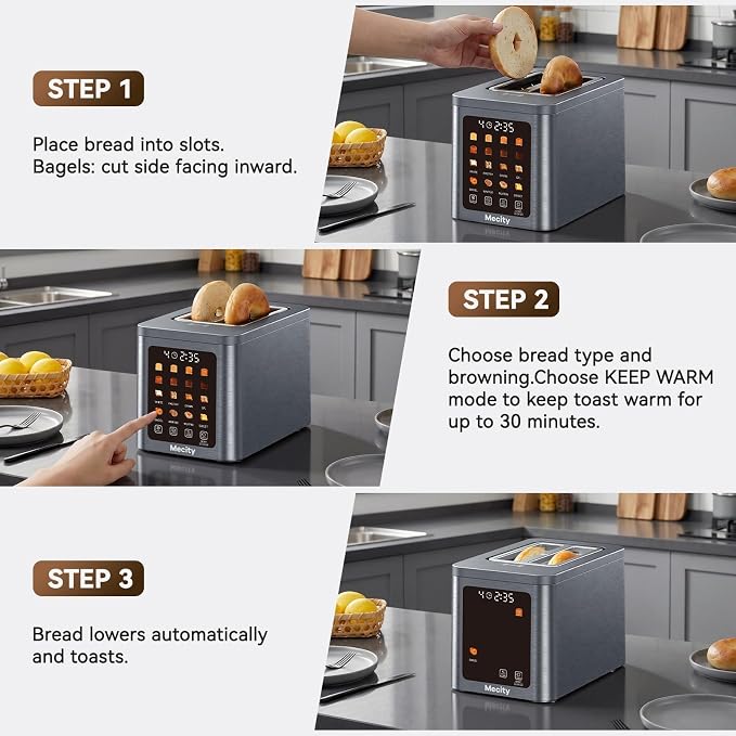 Mecity 2 Slice Smart Touchscreen Toaster, Stainless Steel Wide Slot Toasters with Auto Lift & 30-Minute Warm, Memory Function, Defrost & Auto Shutoff, Digital Electric Bread Toaster for Bagels