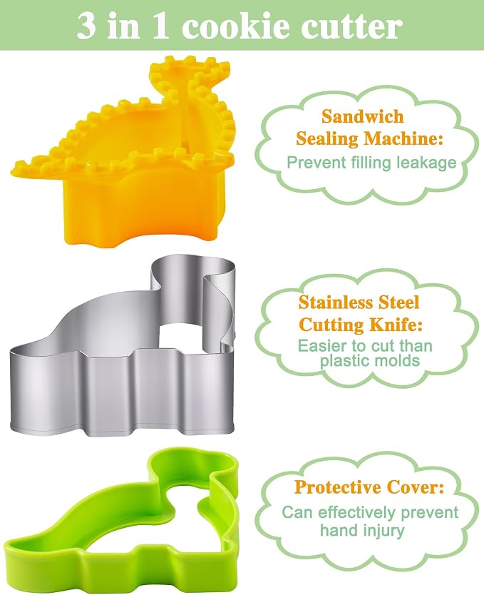 Sandwich Cutters for Kids Lunch LARGE 6 Pcs | Sandwich Maker, Cookie Cutters Set, Stainless Steel, Dinosaur Mouse Heart Star Bear