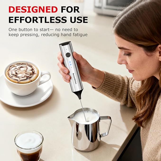 Bonsenkitchen Rechargeable Milk Frother with Stand, 3-Speed Handheld Coffee | Dual Spring Whisk Electric Hand Frother Wand Drink Mixer for Lattes Cappuccino Protein, Kitchen Gifts