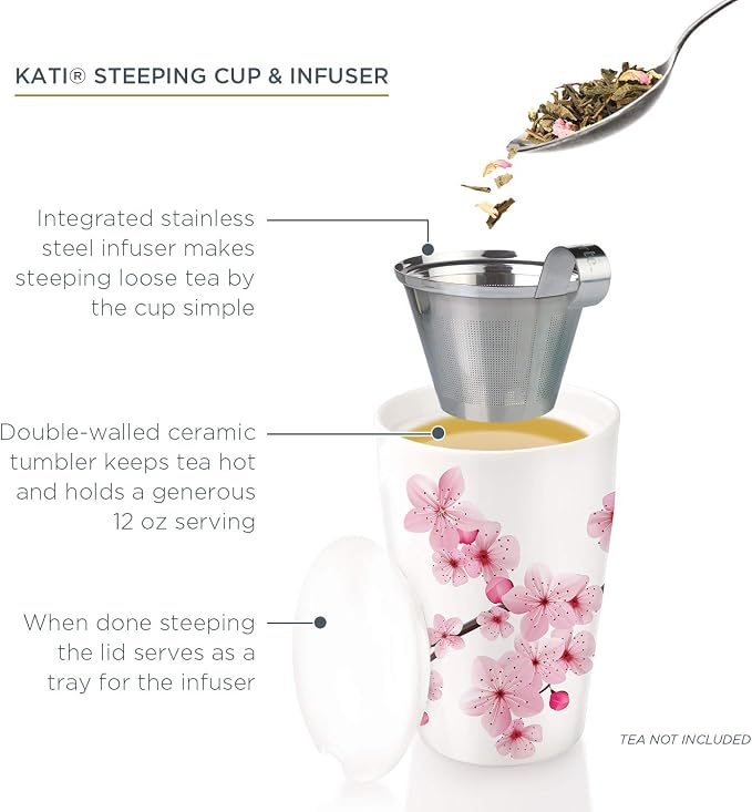 Tea Forte Double-Walled Ceramic Kati Cup, Hanami, 12 oz | Insulated Ceramic - Stainless Steel Loose Leaf Infuser - Keeps Tea Hot Longer - Lid Included - Microwave & Dishwasher Safe