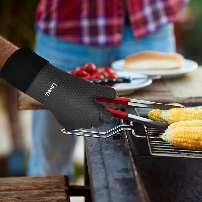Silicone Oven Mitts Gloves - Heat Resistant, Non-Slip for BBQ, Grilling | 450°F Double-Layer｜Waterproof Kitchen Cooking Barbecue Mittens ｜5 Finger Hot Mitt for Baking, Smoker& Cast Iron(Small)