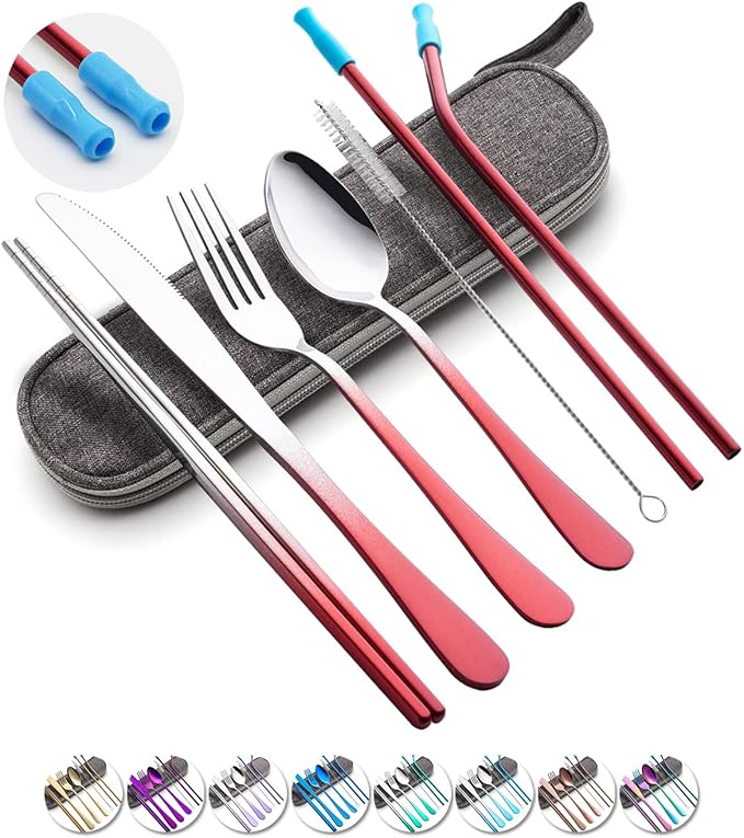 Travel Utensils Set with Case Reusable Portable Cutlery Set Stainless Steel 8pcs Including Dinner Knife Fork Spoon Chopsticks straws (Gradient Red) | Dishwasher Including Dinner Knife Fork Spoon Chopsticks Straws Travel Fork Spoon Knife for Work, Campi...