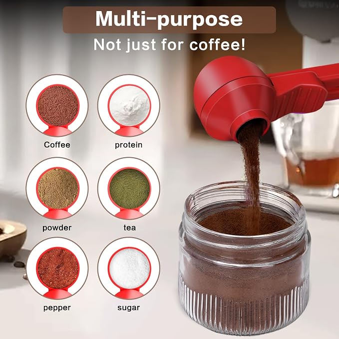 2-in-1 Coffee Scoop with Funnel, 2 Tbsp Measuring Spoon for Reusable K Cups, Ground Coffee, Protein Powder & Tea, Mess-Free Plastic Design（Red-2pack）