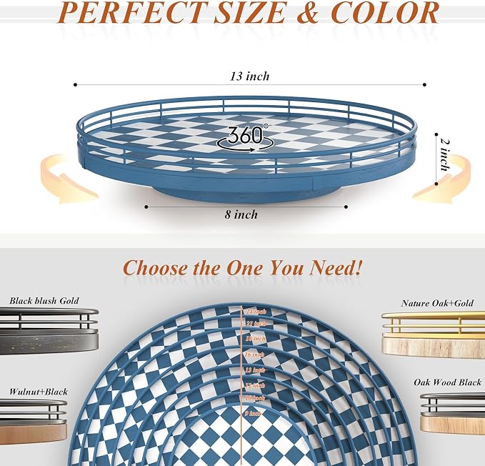 Blue and White Checkerboard Lazy Susan with Rubberwood Base and Metal Rail | Smooth rotating oak tray with walnut finish for dining tables, kitchen counters, pantries and cabinet storage.