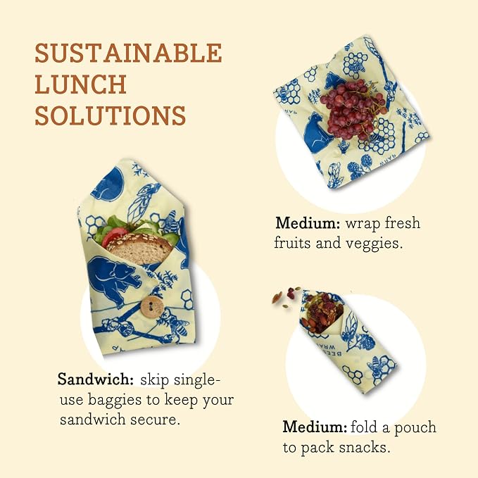 Bee's Wrap Beeswax Wraps for Food - 3 Pack of Assorted Beeswax Wraps - 2 Medium & Sandwich Wrap - Plastic Free Made in USA Reusable Natural Food Wrap - Bees & Bears