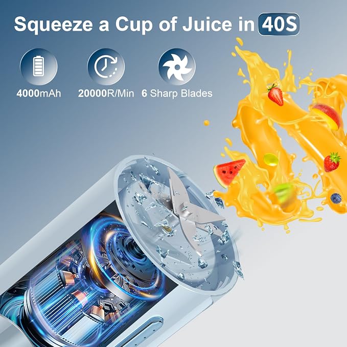 Portable Blender Personal Juicer for Shakes Smoothies with Hidden Handle | 16 Oz Electric Protein Shaker Bottle, USB-C Rechargeable, Mini Small Cordless Blender Cup for Kitchen Travel Gym